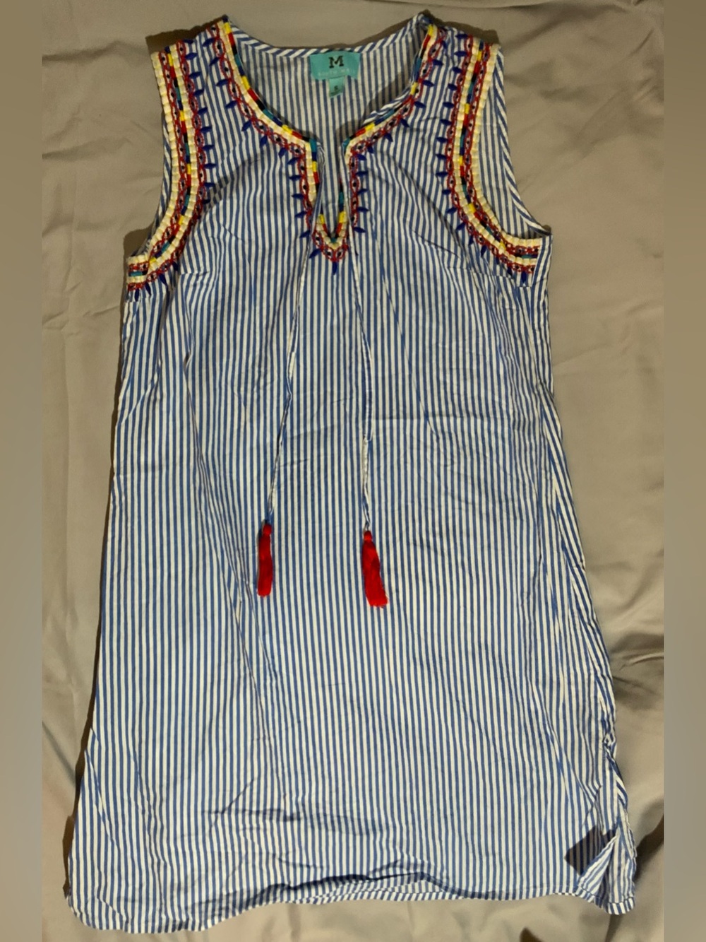 South Main Striped Sleeveless Tunic with Embroidered Neck - Blue/White